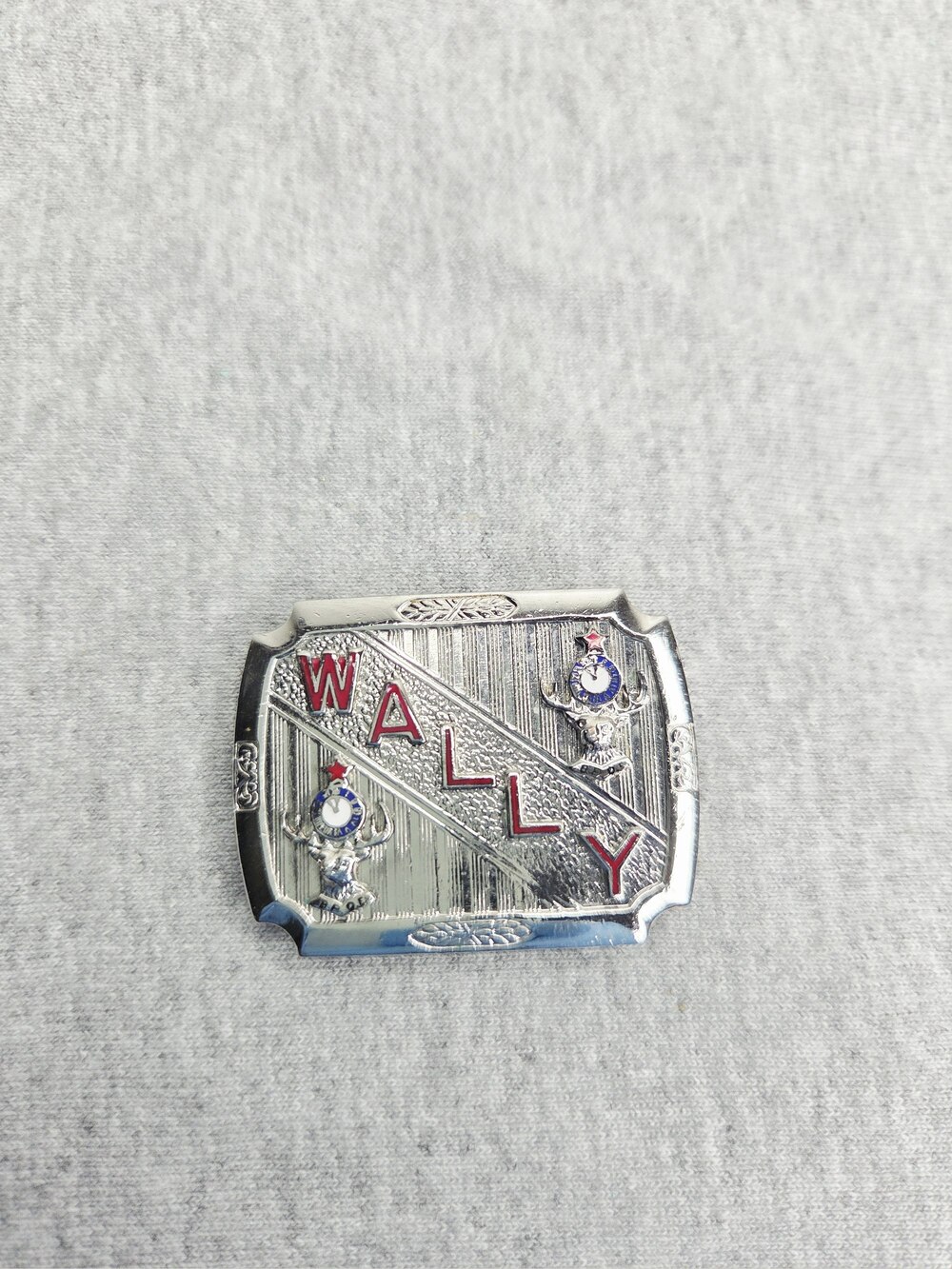 Vintage Hook-Fast Wally Name Enamel Chrome Belt Buckle